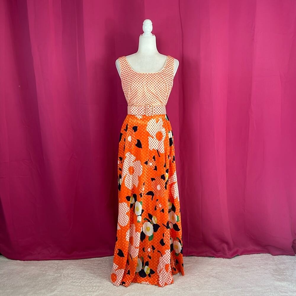 Vintage 60s 70s Mary Martin vibrant orange polka dot belted maxi dress, 12